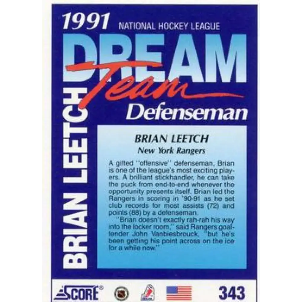 1991-92 Score American #343 Brian Leetch NM-MT New York Rangers Hockey Card - Hockey Card Single