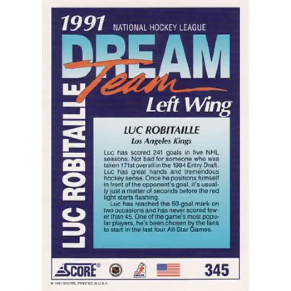1991-92 Score American #345 Luc Robitaille NM-MT Los Angeles Kings Hockey Card - Hockey Card Single