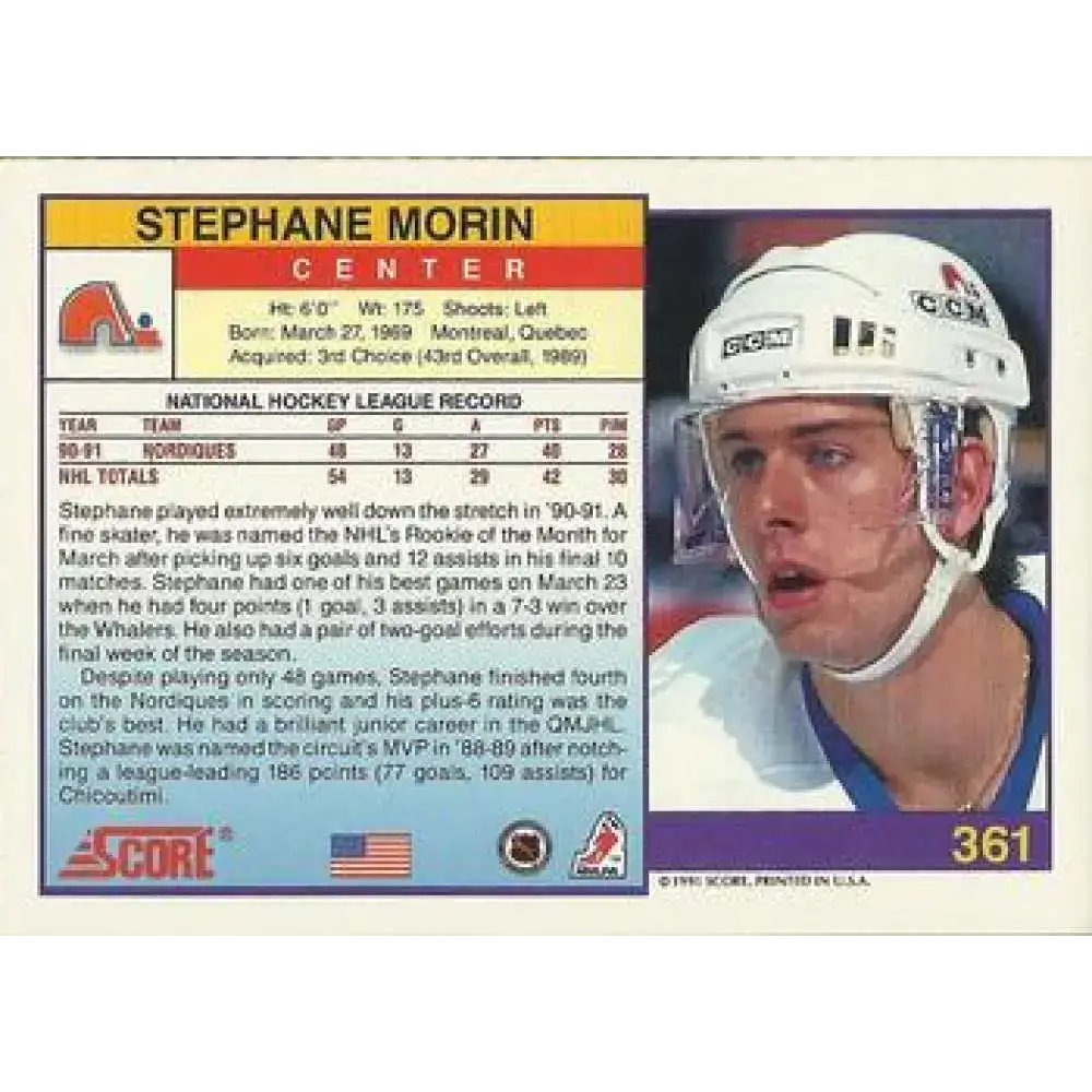 1991-92 Score American #361 Stephane Morin NM-MT Quebec Nordiques Hockey Card - Hockey Card Single