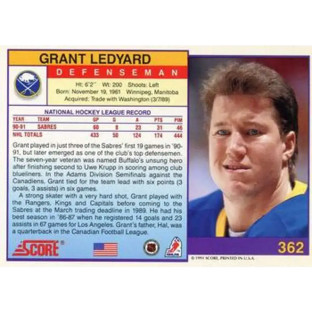 1991-92 Score American #362 Grant Ledyard NM-MT Buffalo Sabres Hockey Card - Hockey Card Single