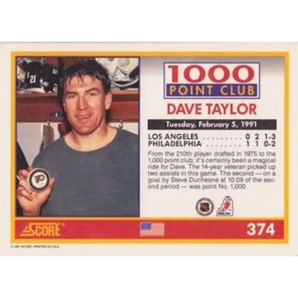 1991-92 Score American #374 Dave Taylor NM-MT Los Angeles Kings Hockey Card - Hockey Card Single