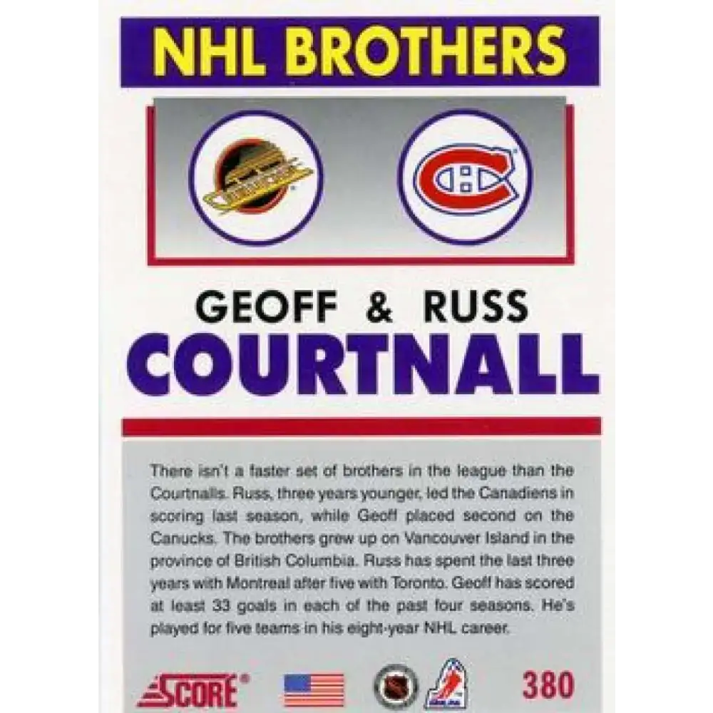 1991-92 Score American #380 Geoff Courtnall/Russ Courtnall NM-MT Vancouver Canucks Hockey Card