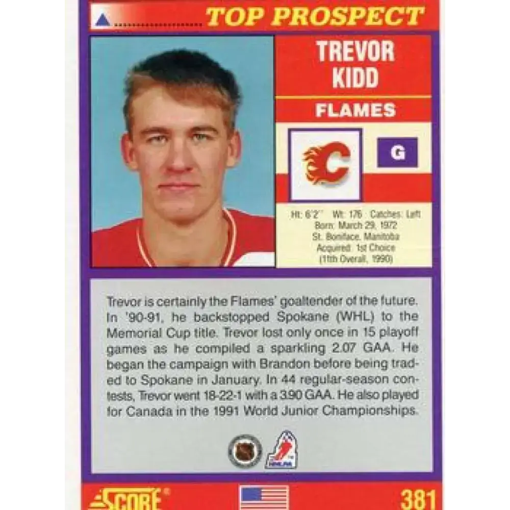 1991-92 Score American #381 Trevor Kidd NM-MT Calgary Flames Hockey Card - Hockey Card Single