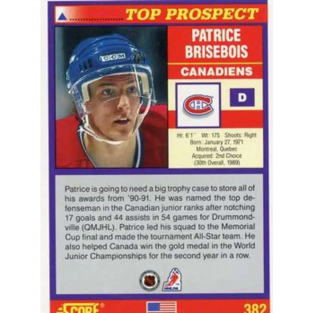 1991-92 Score American #382 Patrice Brisebois NM-MT Montreal Canadiens Hockey Card - Hockey Card Single