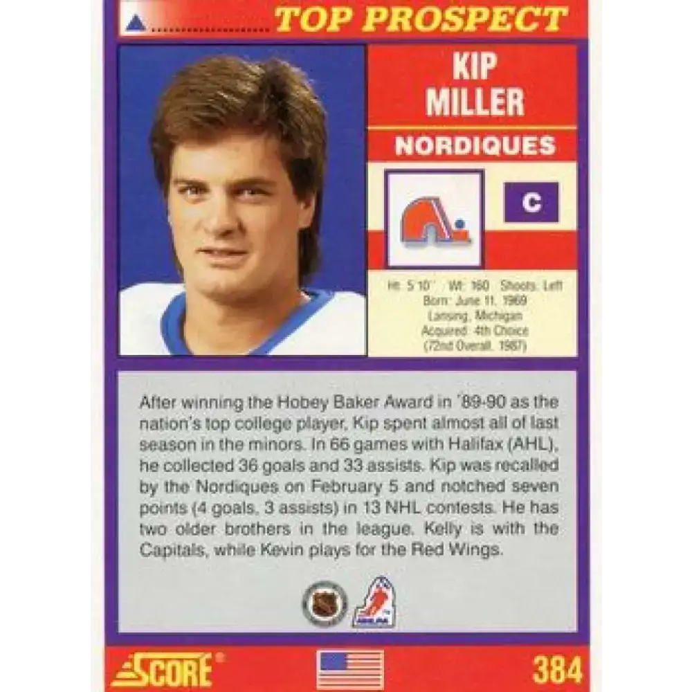 1991-92 Score American #384 Kip Miller NM-MT Quebec Nordiques Hockey Card - Hockey Card Single