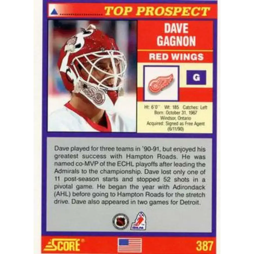 1991-92 Score American #387 Dave Gagnon NM-MT Detroit Red Wings Hockey Card - Hockey Card Single