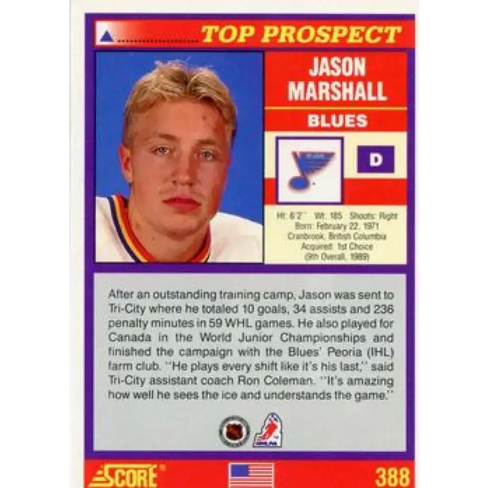 1991-92 Score American #388 Jason Marshall NM-MT St. Louis Blues Hockey Card - Hockey Card Single