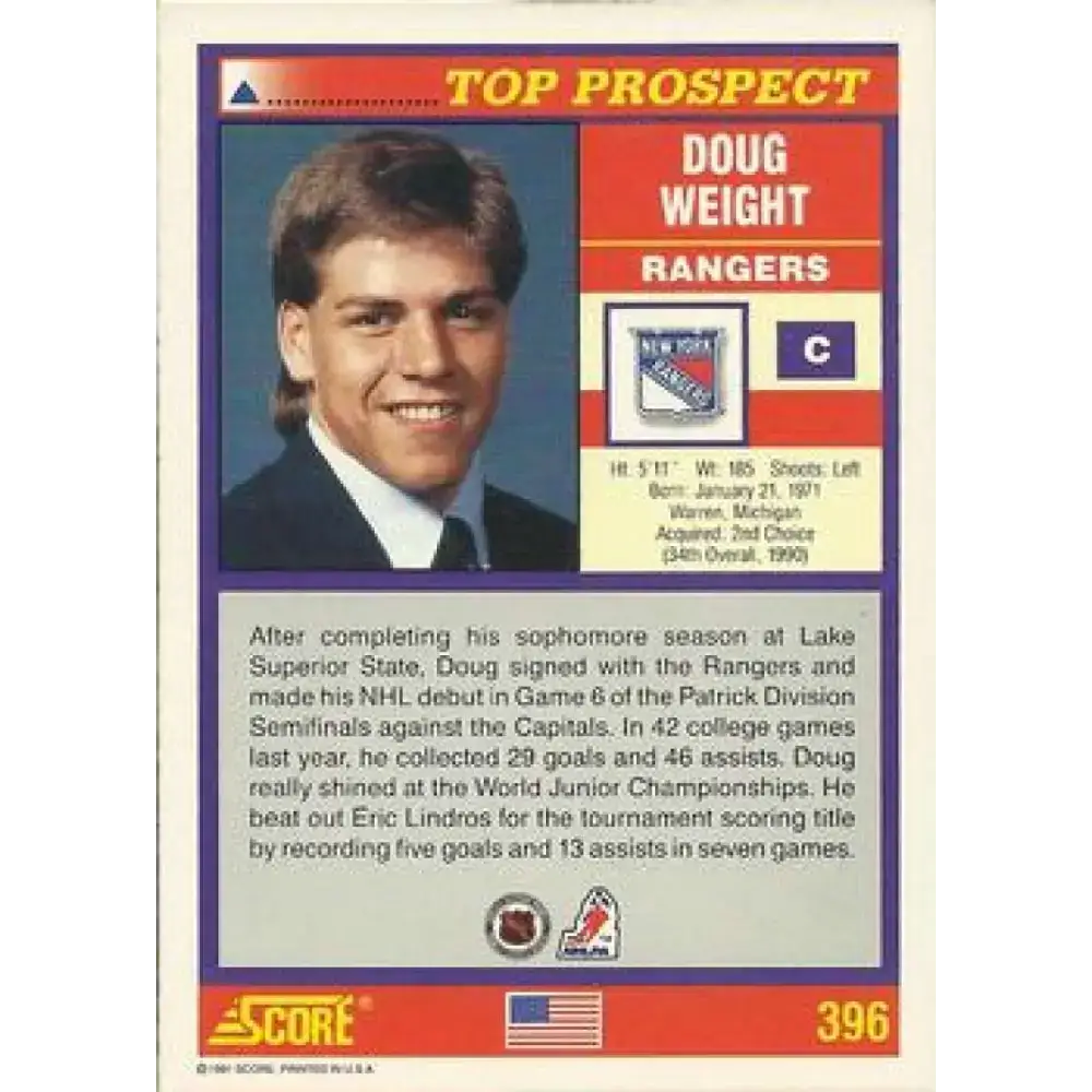 1991-92 Score American #396 Doug Weight NM-MT RC Rookie New York Rangers Hockey Card - Hockey Card Single