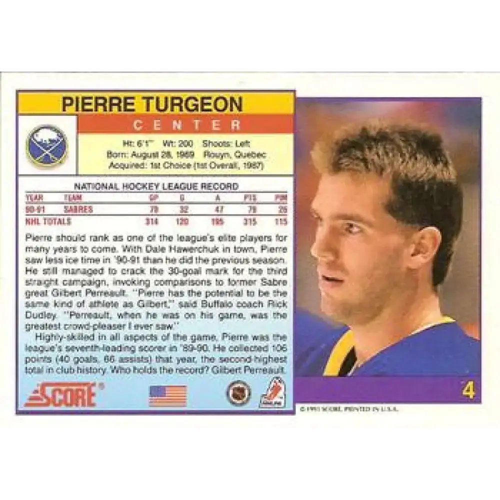 1991-92 Score American #4 Pierre Turgeon NM-MT Buffalo Sabres Hockey Card - Hockey Card Single