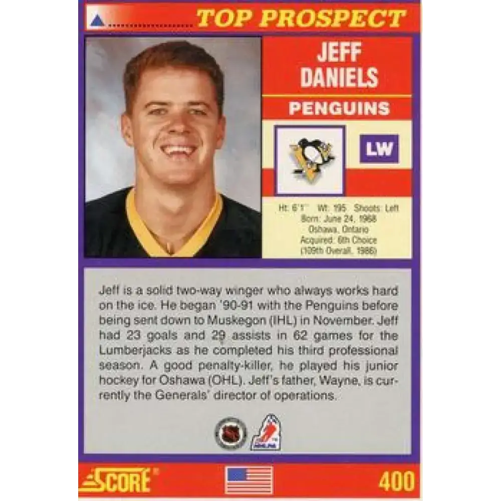 1991-92 Score American #400 Jeff Daniels NM-MT RC Rookie Pittsburgh Penguins Hockey Card