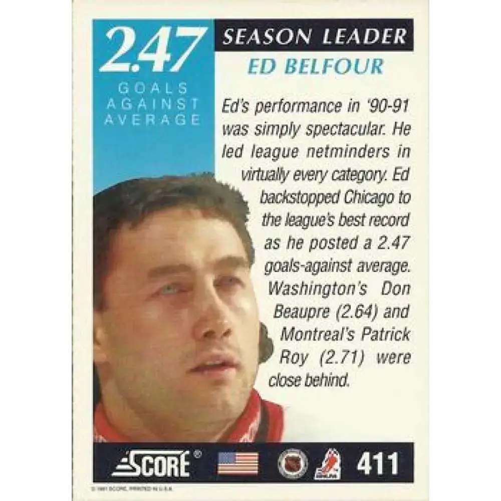 1991-92 Score American #411 Ed Belfour NM-MT Chicago Blackhawks Hockey Card - Hockey Card Single