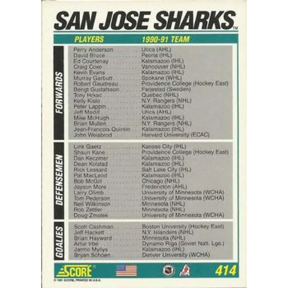 1991-92 Score American #414 San Jose Sharks Logo NM-MT San Jose Sharks Hockey Card - Hockey Card Single