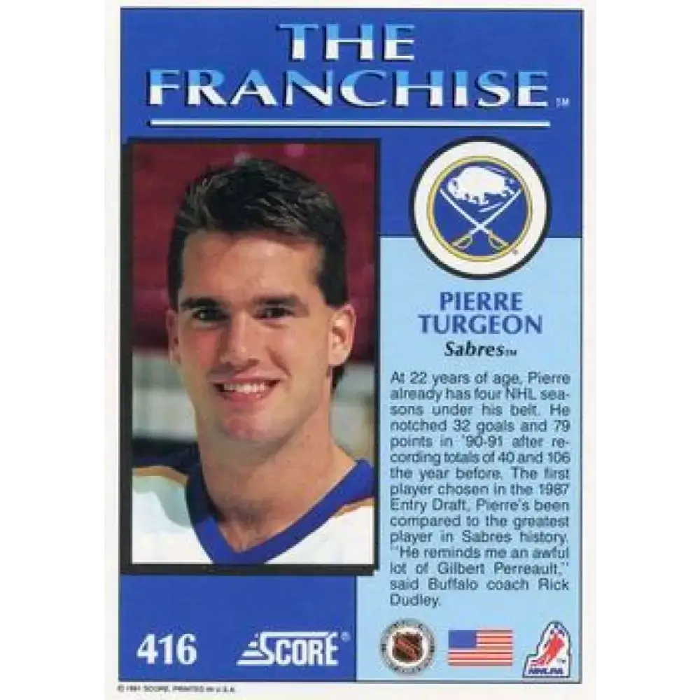 1991-92 Score American #416 Pierre Turgeon NM-MT Buffalo Sabres Hockey Card - Hockey Card Single