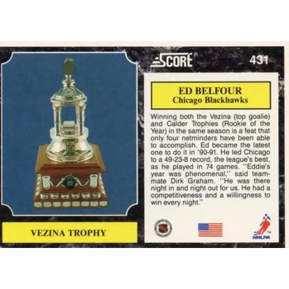 1991-92 Score American #431 Ed Belfour NM-MT Chicago Blackhawks Hockey Card - Hockey Card Single