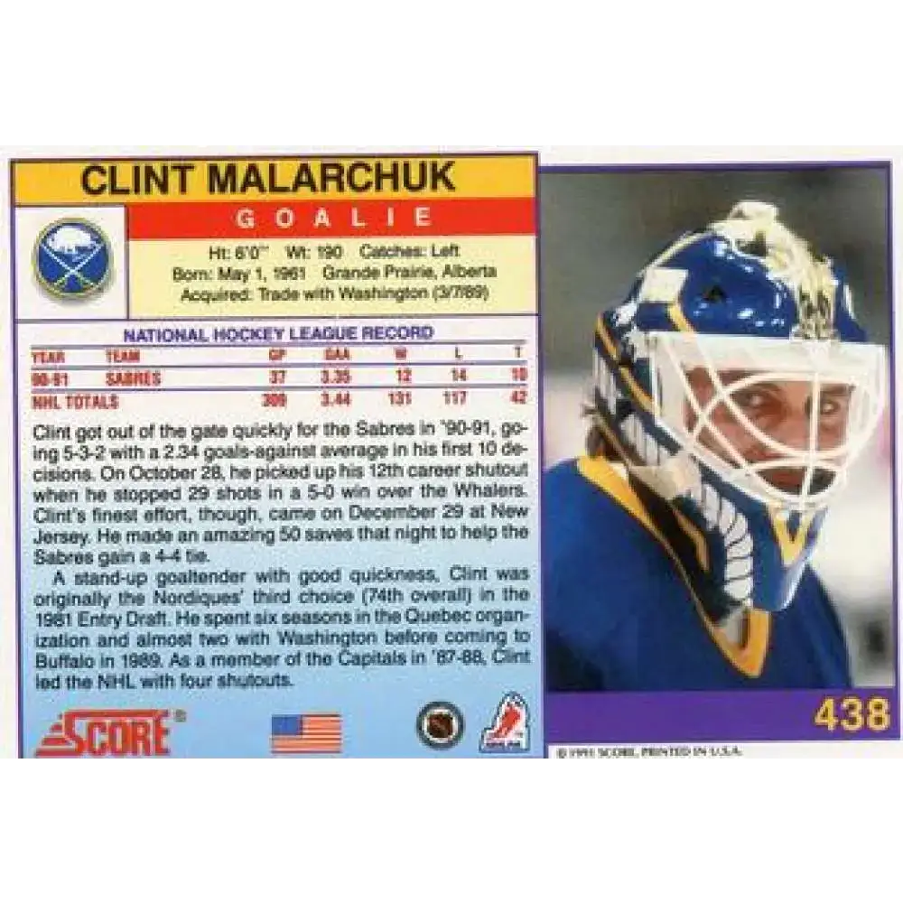 1991-92 Score American #438 Clint Malarchuk NM-MT Buffalo Sabres Hockey Card