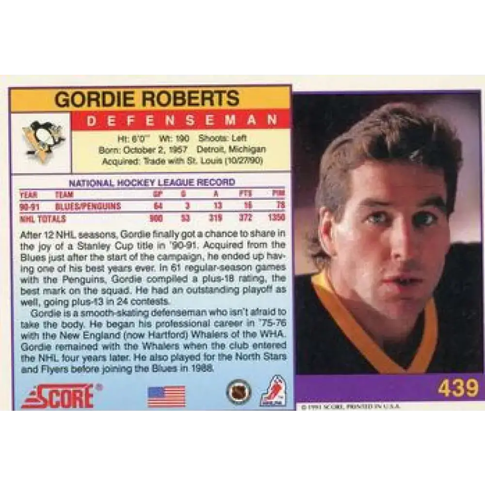 1991-92 Score American #439 Gordie Roberts NM-MT Pittsburgh Penguins Hockey Card