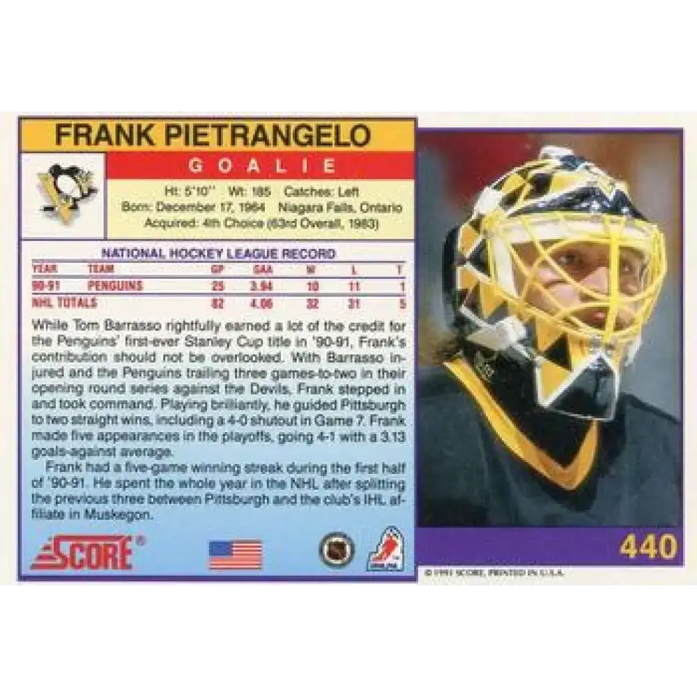 1991-92 Score American #440 Frank Pietrangelo NM-MT Pittsburgh Penguins Hockey Card - Hockey Card Single