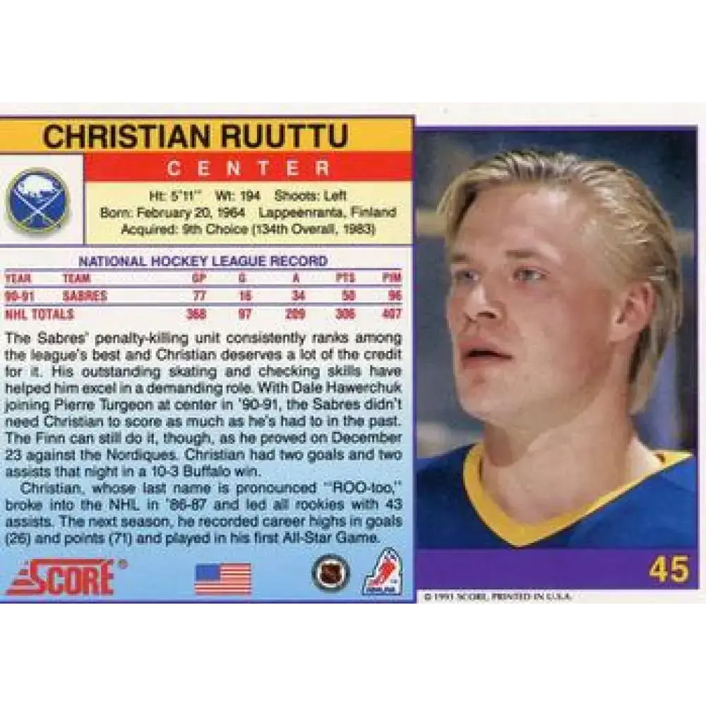 1991-92 Score American #45 Christian Ruuttu NM-MT Buffalo Sabres Hockey Card - Hockey Card Single