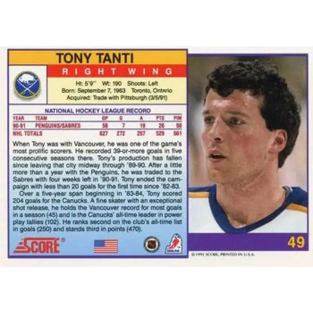 1991-92 Score American #49 Tony Tanti NM-MT Buffalo Sabres Hockey Card