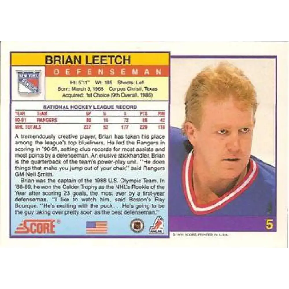 1991-92 Score American #5 Brian Leetch NM-MT New York Rangers Hockey Card - Hockey Card Single