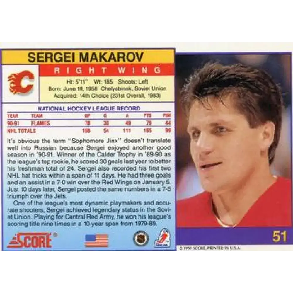 1991-92 Score American #51 Sergei Makarov NM-MT Calgary Flames Hockey Card - Hockey Card Single