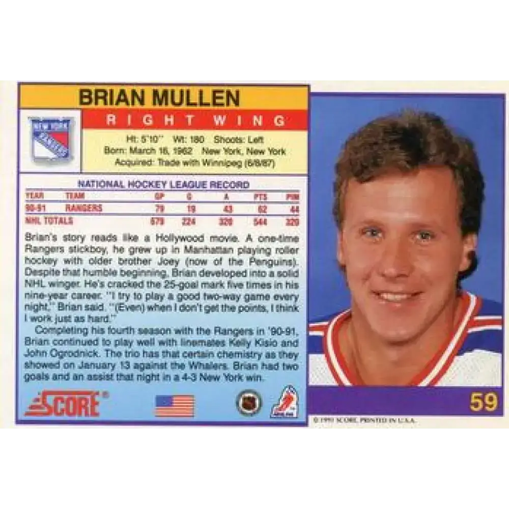 1991-92 Score American #59 Brian Mullen NM-MT New York Rangers Hockey Card - Hockey Card Single