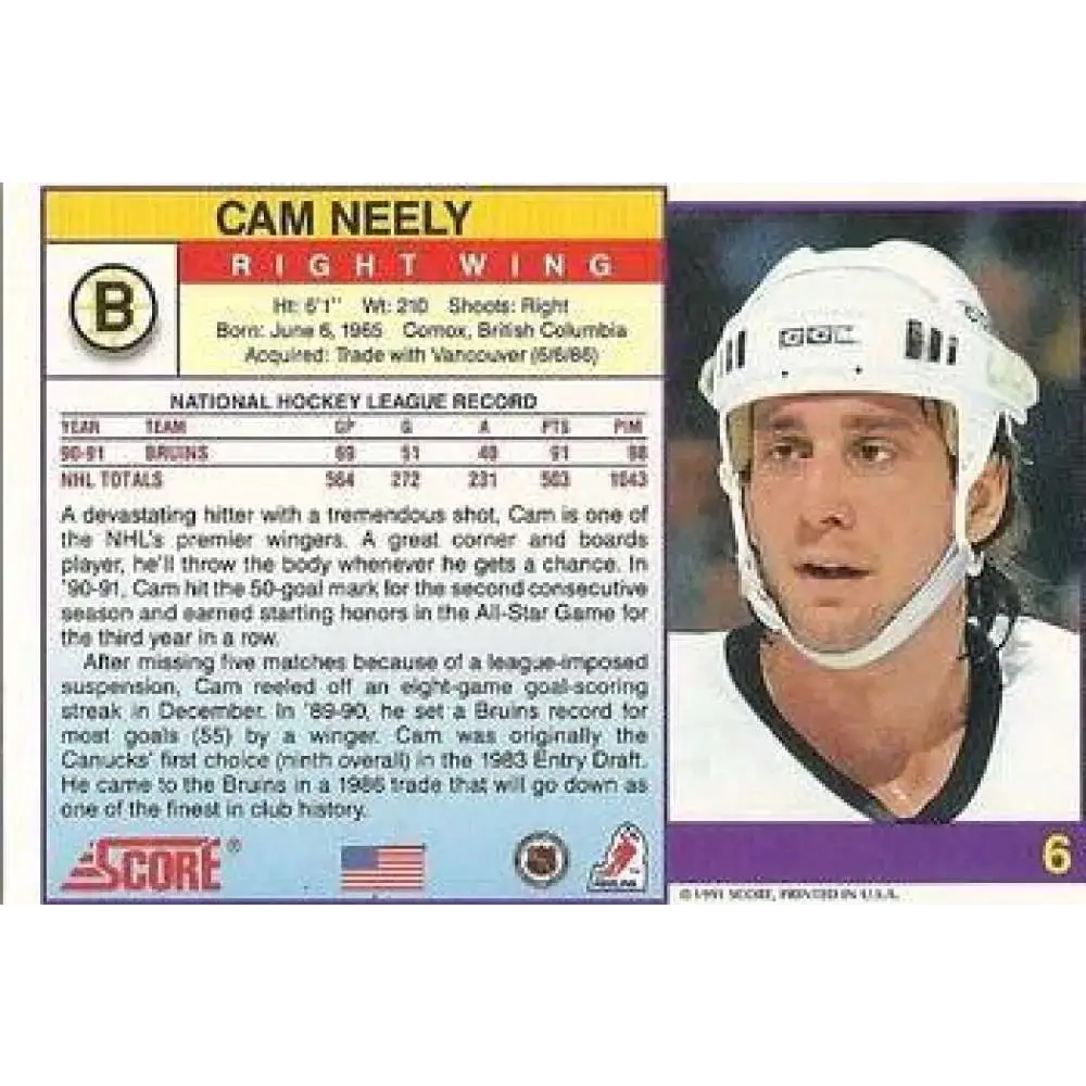 1991-92 Score American #6 Cam Neely NM-MT Boston Bruins Hockey Card - Hockey Card Single