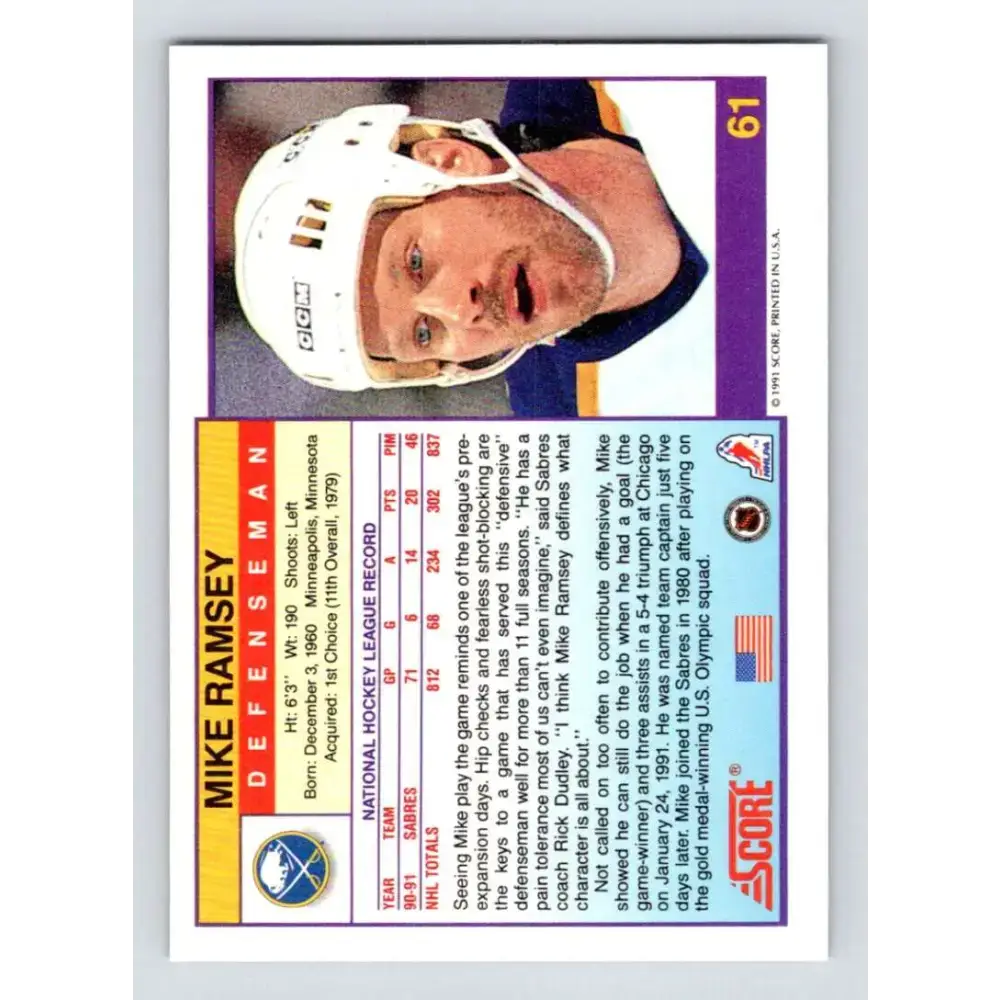 1991-92 Score American #61 Mike Ramsey NM-MT Buffalo Sabres Hockey Card - Hockey Card Single