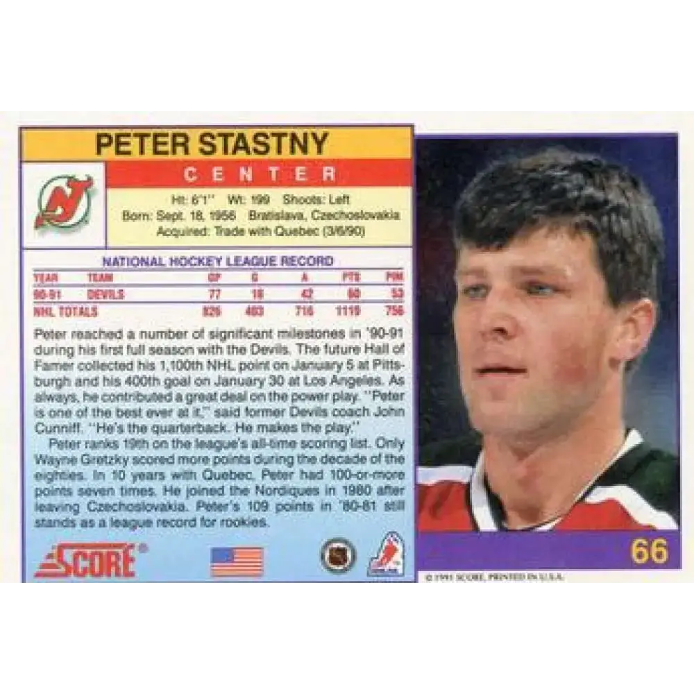 1991-92 Score American #66 Peter Stastny NM-MT New Jersey Devils Hockey Card - Hockey Card Single