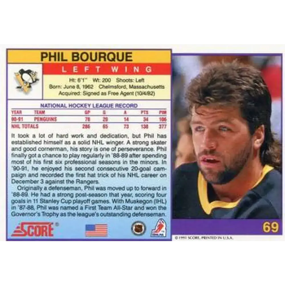 1991-92 Score American #69 Phil Bourque NM-MT Pittsburgh Penguins Hockey Card - Hockey Card Single