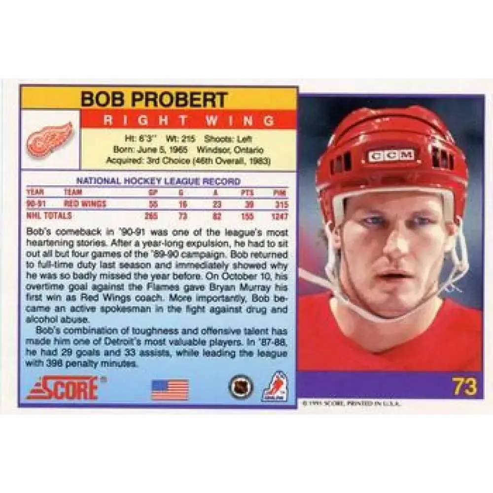 1991-92 Score American #73 Bob Probert NM-MT Detroit Red Wings Hockey Card - Hockey Card Single