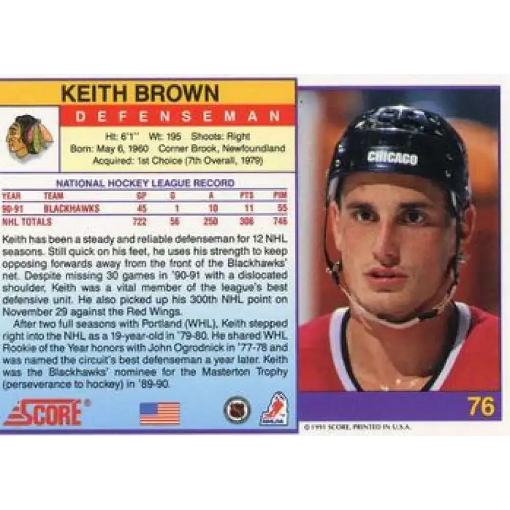 1991-92 Score American #76 Keith Brown NM-MT Chicago Blackhawks Hockey Card - Hockey Card Single