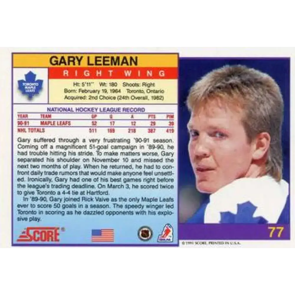1991-92 Score American #77 Gary Leeman NM-MT Toronto Maple Leafs Hockey Card - Hockey Card Single