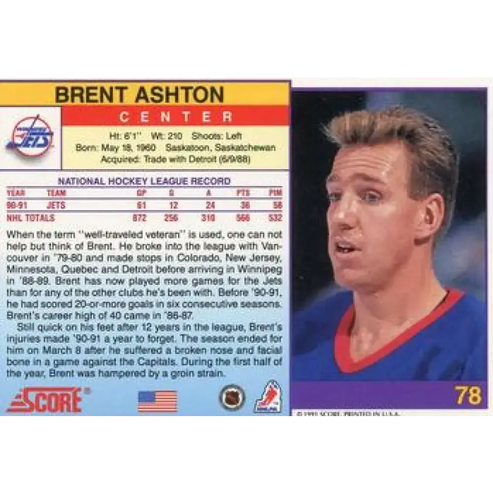 1991-92 Score American #78 Brent Ashton NM-MT Winnipeg Jets Hockey Card - Hockey Card Single