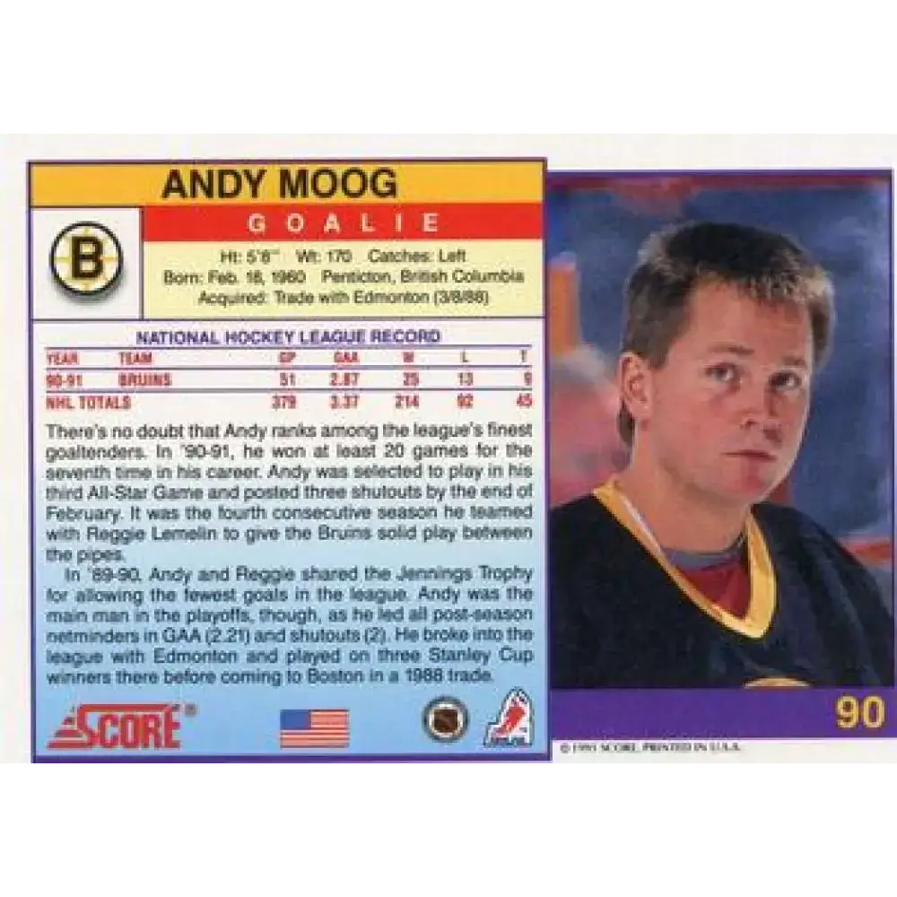 1991-92 Score American #90 Andy Moog NM-MT Boston Bruins Hockey Card - Hockey Card Single