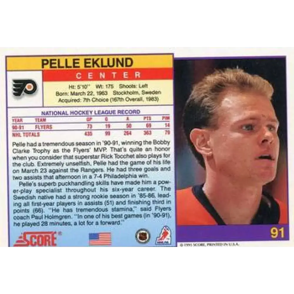 1991-92 Score American #91 Pelle Eklund NM-MT Philadelphia Flyers Hockey Card - Hockey Card Single
