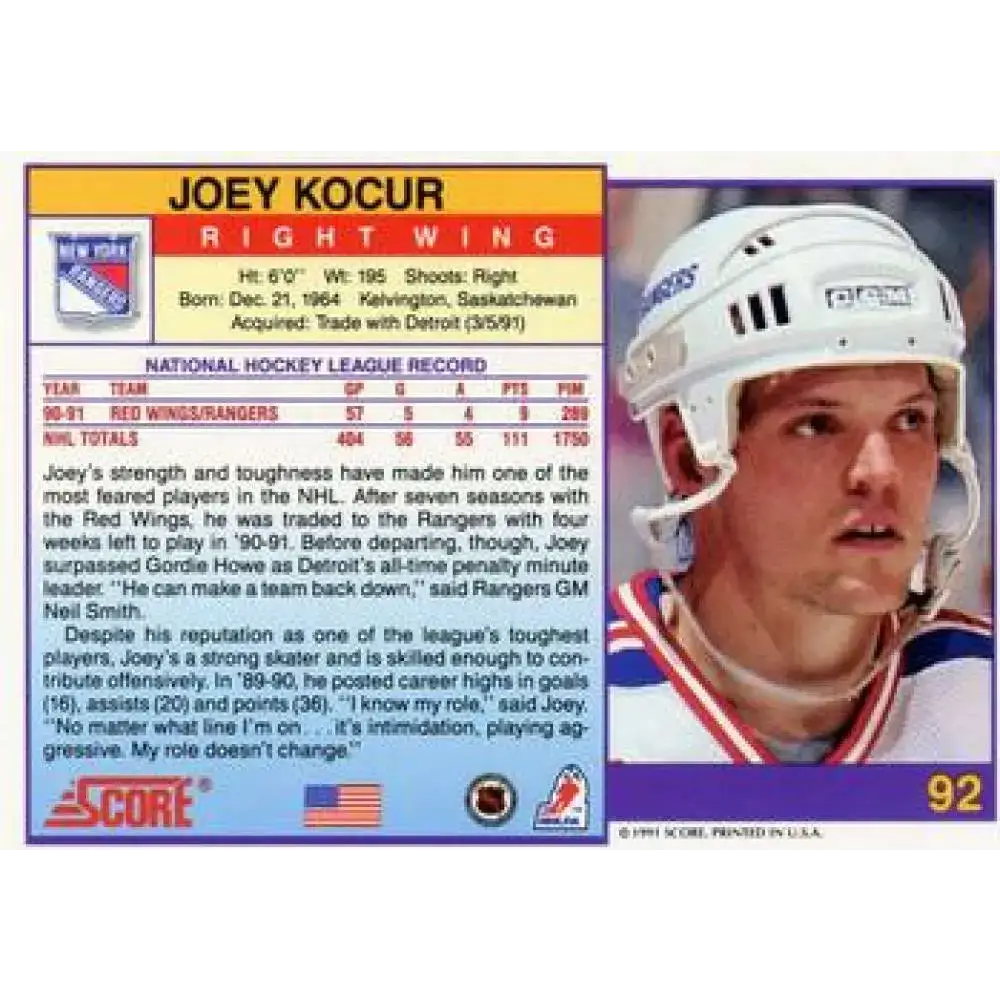 1991-92 Score American #92 Joey Kocur NM-MT New York Rangers Hockey Card - Hockey Card Single