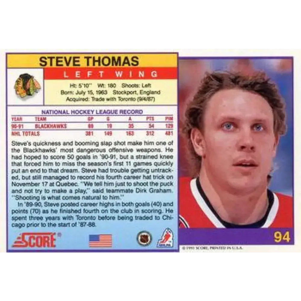 1991-92 Score American #94 Steve Thomas NM-MT Chicago Blackhawks Hockey Card - Hockey Card Single