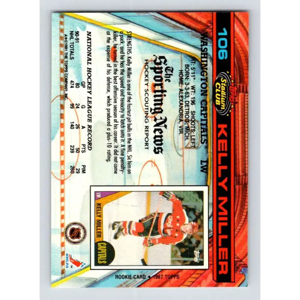 1991-92 Topps Stadium Club #106 Kelly Miller NM-MT Washington Capitals Hockey Card - Hockey Card Single