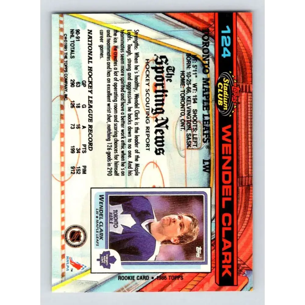1991-92 Topps Stadium Club #124 Wendel Clark NM-MT Toronto Maple Leafs Hockey Card - Hockey Card Single