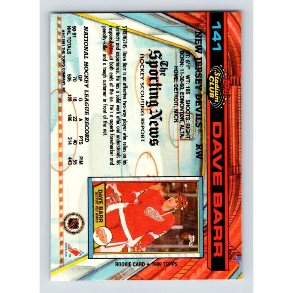 1991-92 Topps Stadium Club #141 Dave Barr NM-MT New Jersey Devils Hockey Card - Hockey Card Single