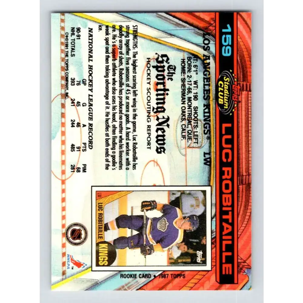 1991-92 Topps Stadium Club #159 Luc Robitaille NM-MT Los Angeles Kings Hockey Card - Hockey Card Single