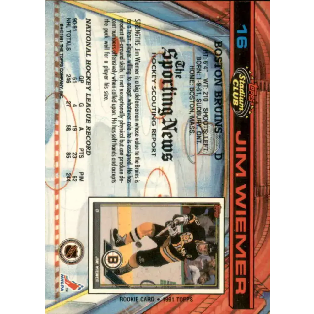 1991-92 Topps Stadium Club #16 Jim Wiemer NM-MT Boston Bruins Hockey Card - Hockey Card Single