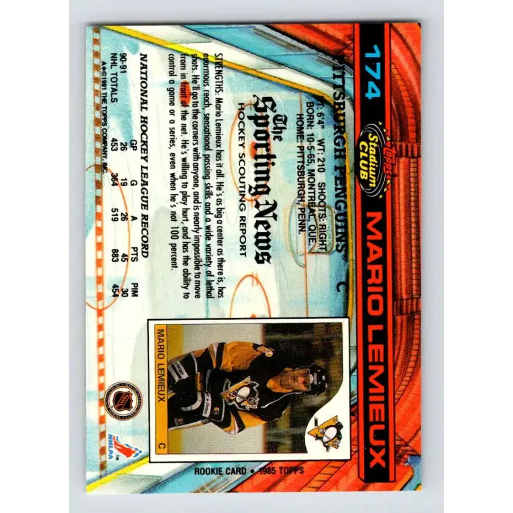 1991-92 Topps Stadium Club #174 Mario Lemieux NM-MT Pittsburgh Penguins Hockey Card - Hockey Card Single