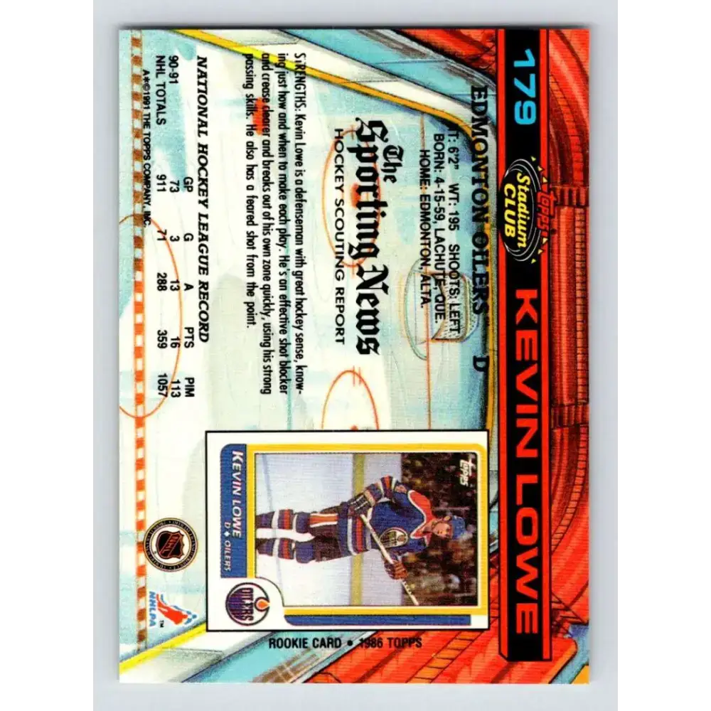 1991-92 Topps Stadium Club #179 Kevin Lowe NM-MT Edmonton Oilers Hockey Card - Hockey Card Single