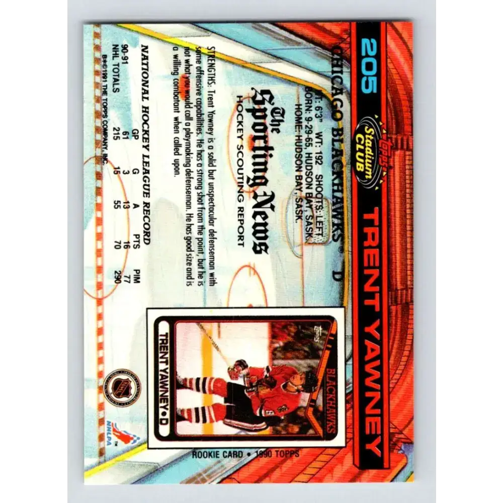 1991-92 Topps Stadium Club #205 Trent Yawney NM-MT Chicago Blackhawks Hockey Card - Hockey Card Single