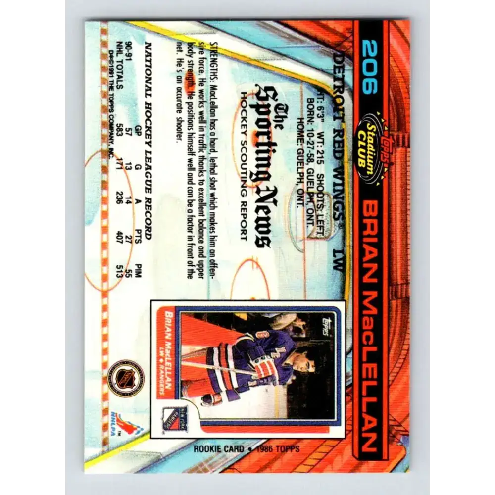 1991-92 Topps Stadium Club #206 Brian MacLellan NM-MT Detroit Red Wings Hockey Card - Hockey Card Single