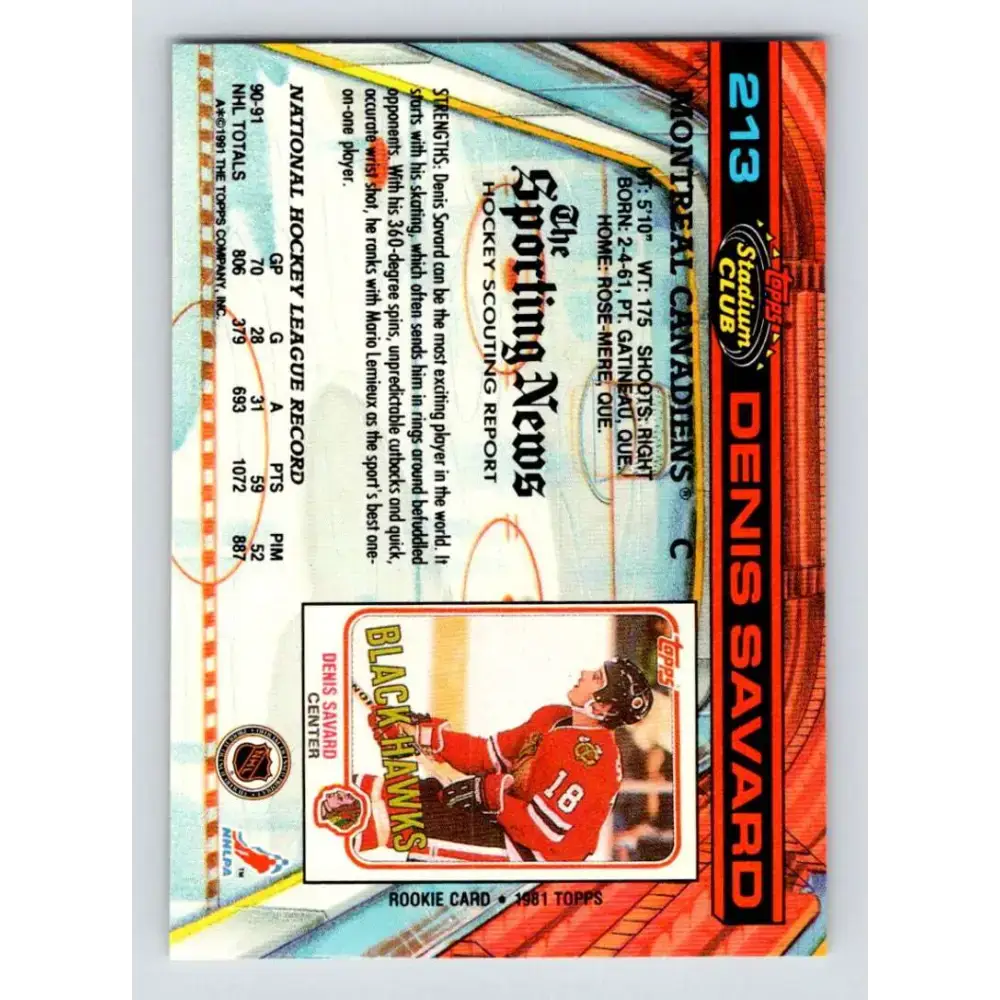 1991-92 Topps Stadium Club #213 Denis Savard NM-MT Montreal Canadiens Hockey Card - Hockey Card Single