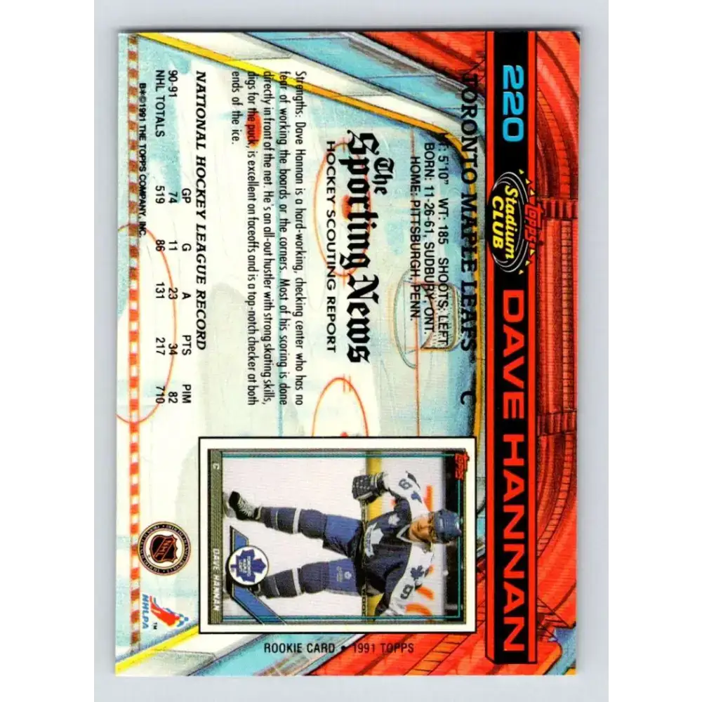 1991-92 Topps Stadium Club #220 Dave Hannan NM-MT Toronto Maple Leafs Hockey Card - Hockey Card Single