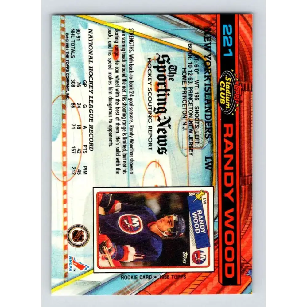 1991-92 Topps Stadium Club #221 Randy Wood NM-MT New York Islanders Hockey Card - Hockey Card Single